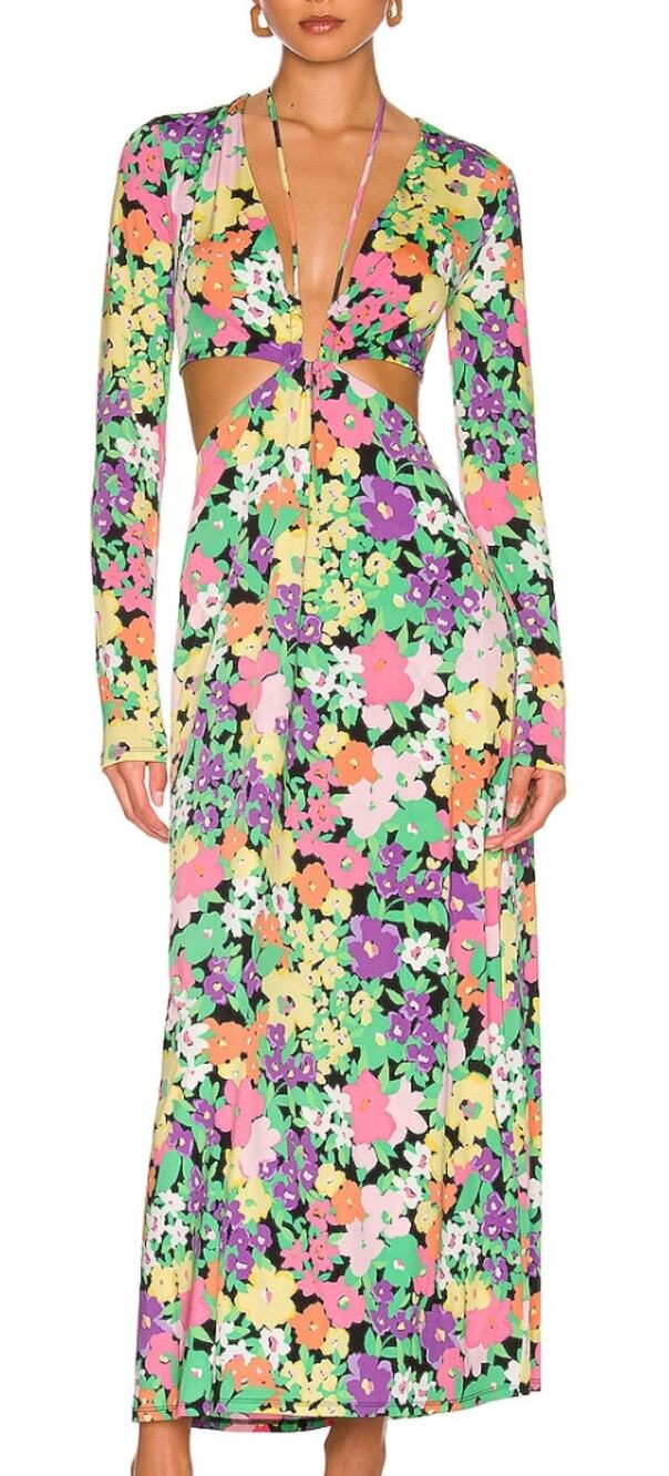 AFRM NEW Monique Neon Floral Cut Out V-neck Tie Front Long Sleeve Maxi Dress